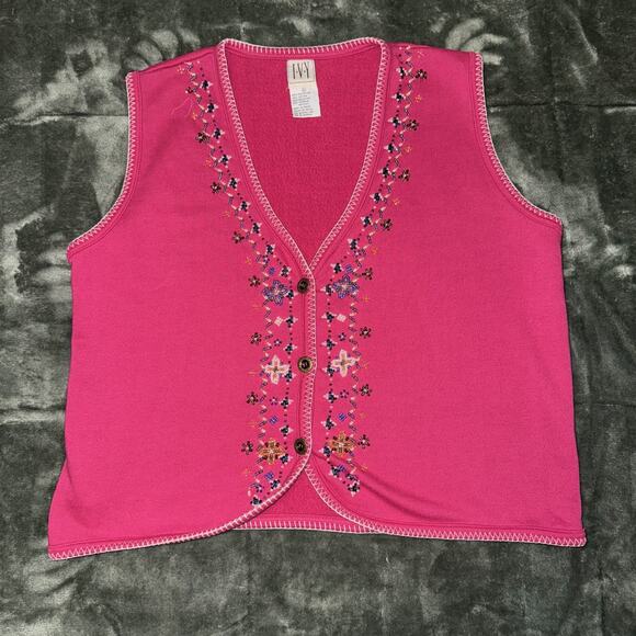 Vintage I.V.Y Beaded Vest Women's Large Pink Rhintestone V-Neck Button Front - Picture 1 of 6